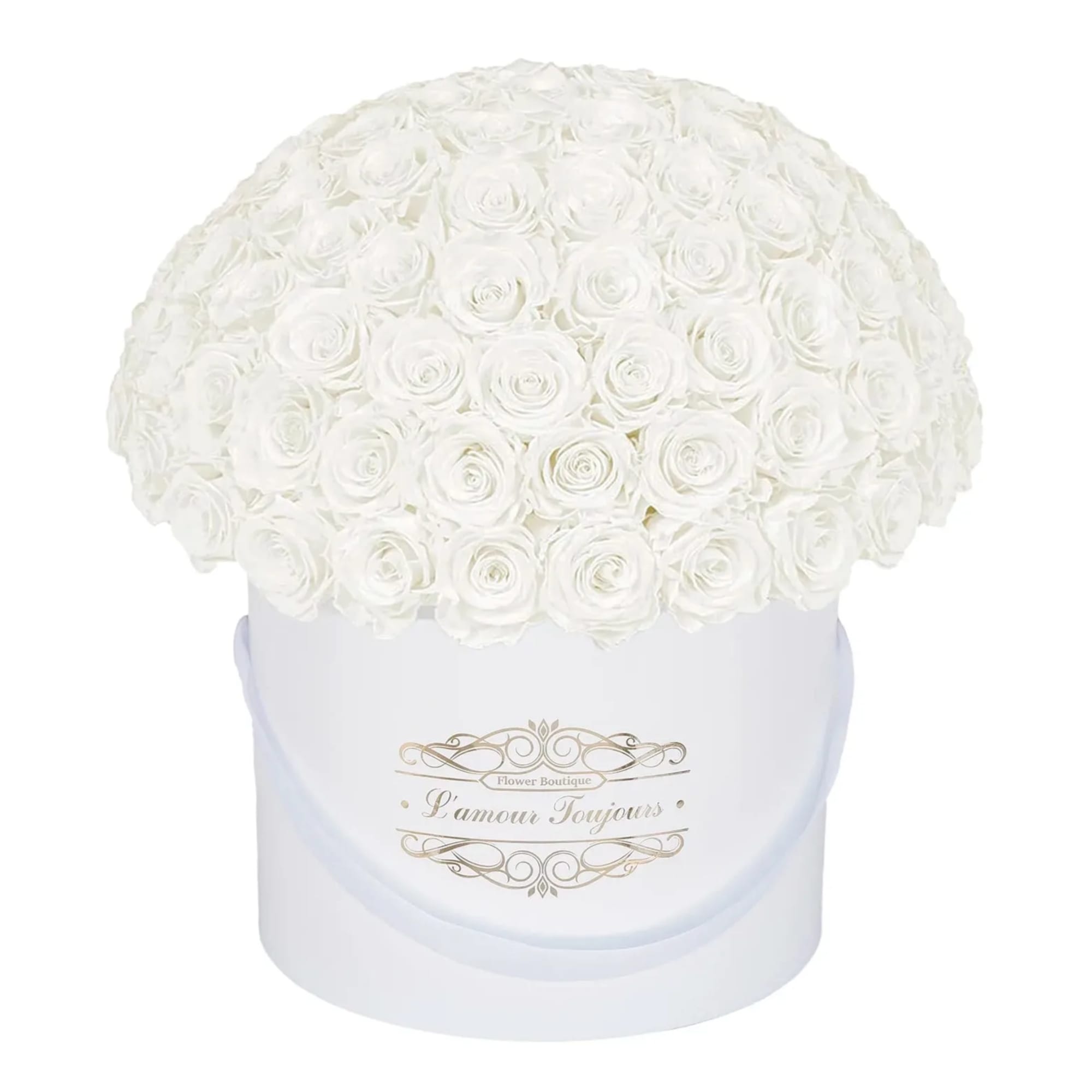 100 White Everlasting Roses - White Signature Box