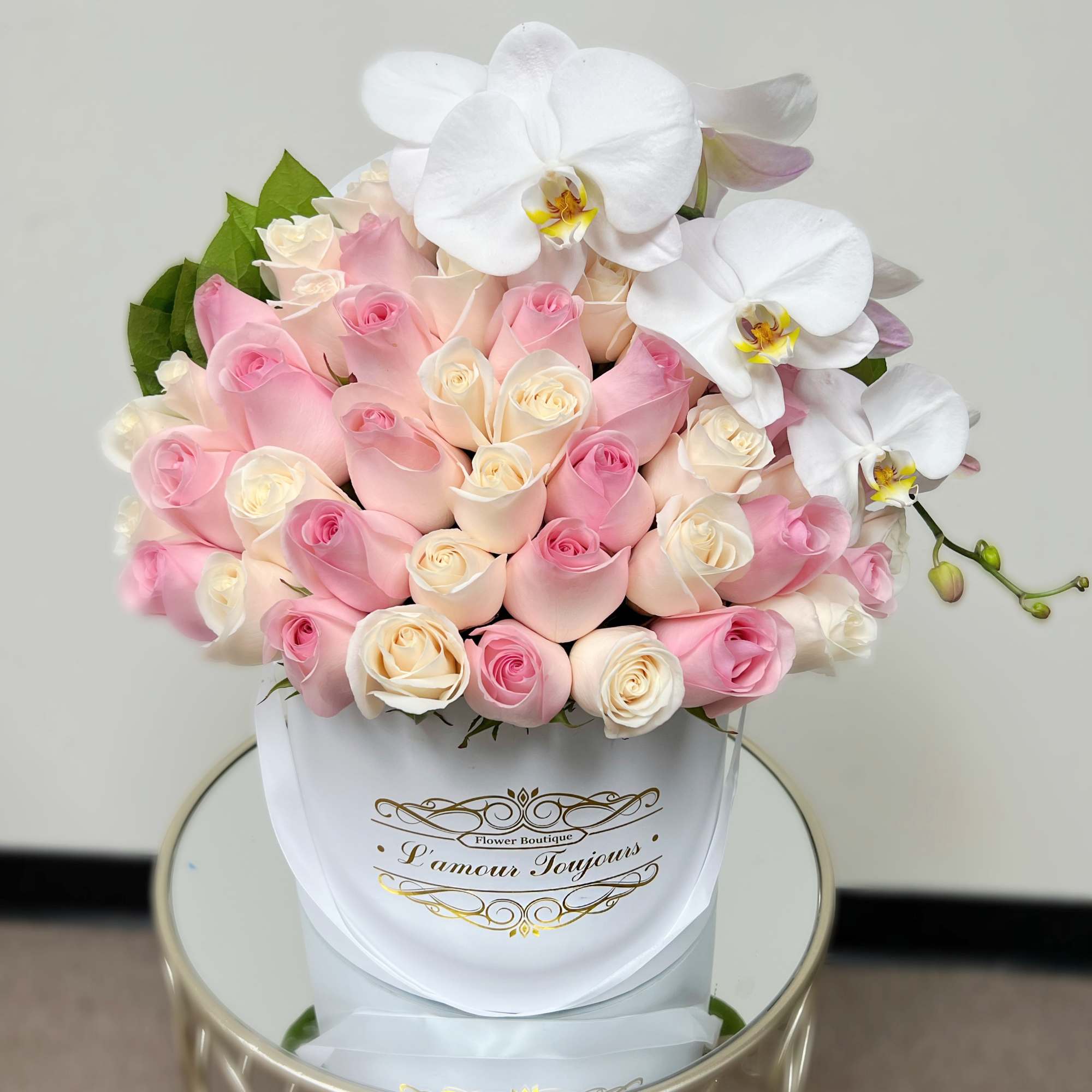 White and Pink Roses with Orchids Signature Box